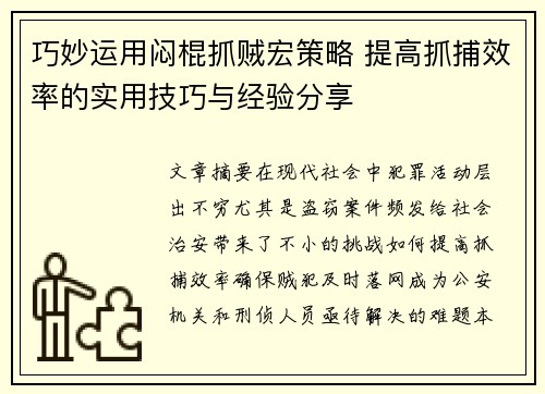 巧妙运用闷棍抓贼宏策略 提高抓捕效率的实用技巧与经验分享